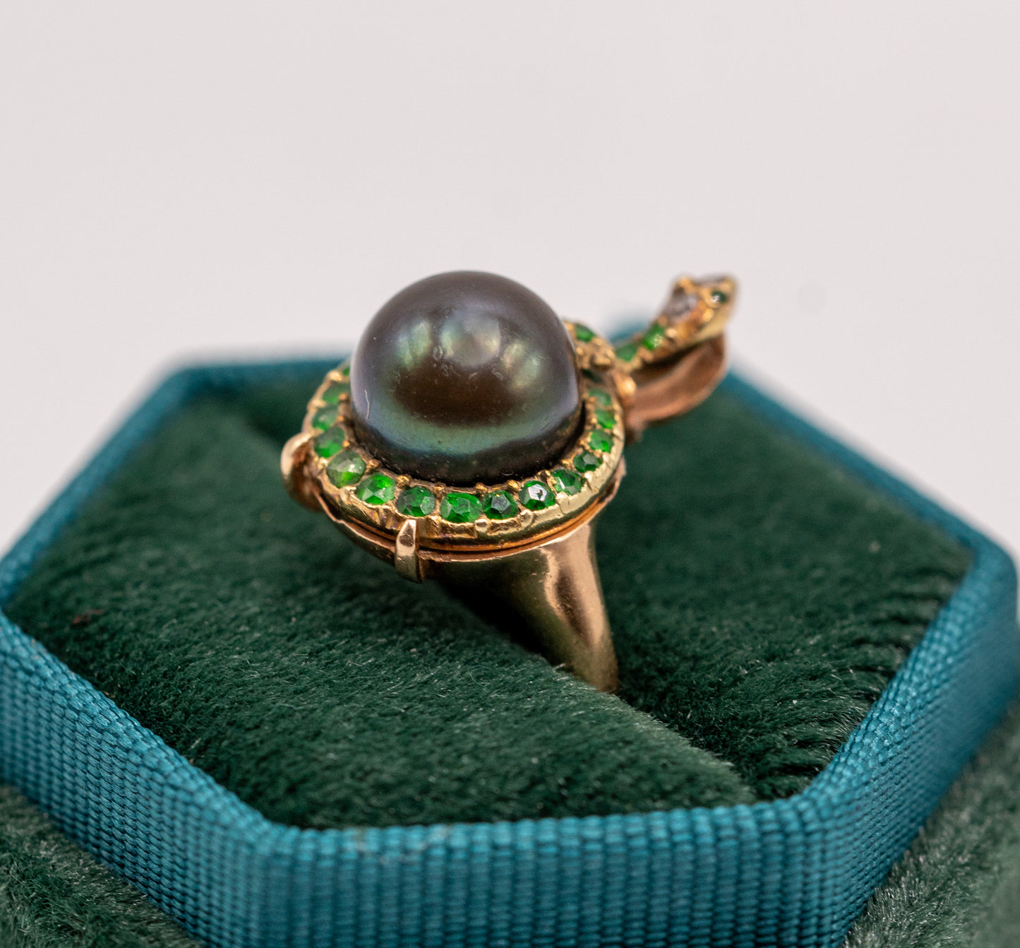 Antique 14k black pearl diamond and tsavorite snake ring