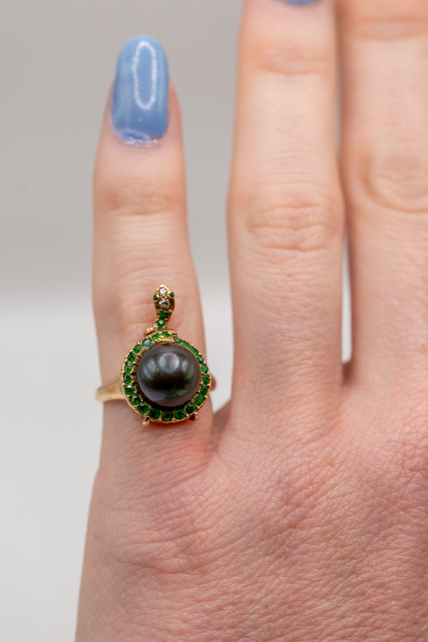 Antique 14k black pearl diamond and tsavorite snake ring