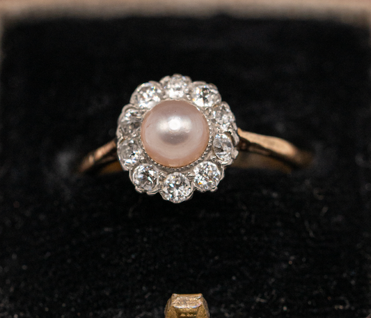 Antique beige/pink pearl old mine cut diamond ring