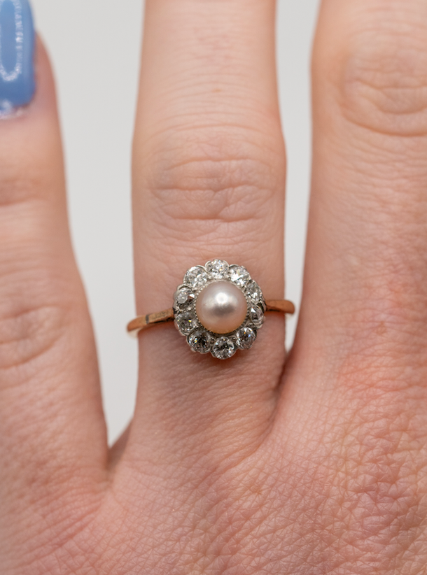 Antique beige/pink pearl old mine cut diamond ring