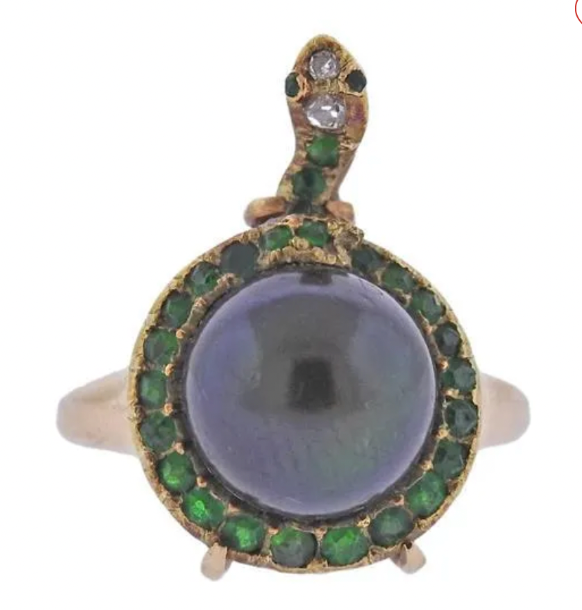 Antique 14k black pearl diamond and tsavorite snake ring