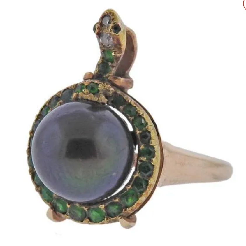 Antique 14k black pearl diamond and tsavorite snake ring