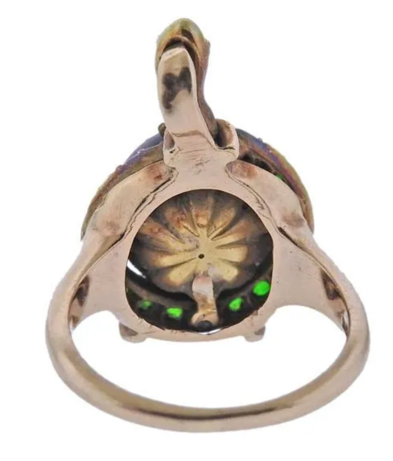 Antique 14k black pearl diamond and tsavorite snake ring